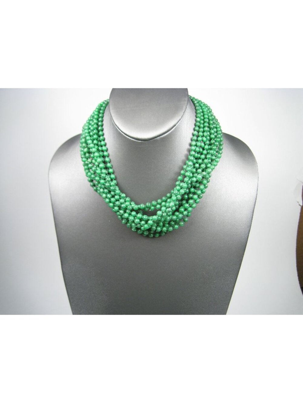 Vintage Green Plastic Beaded Multistrand Choker Necklace Ornate Clasp 16 in 1960
